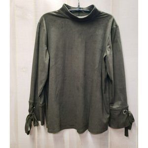 Chico's Knit Suede Mock Neck Blouse Dk Green, Sz 1 Med, Back zip, grommet detail